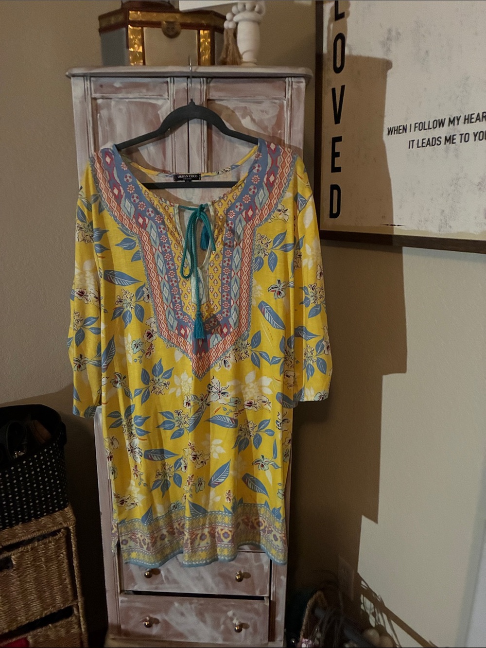 Boho-Print Yellow Floral Tunic Dress with Embroidered Yoke